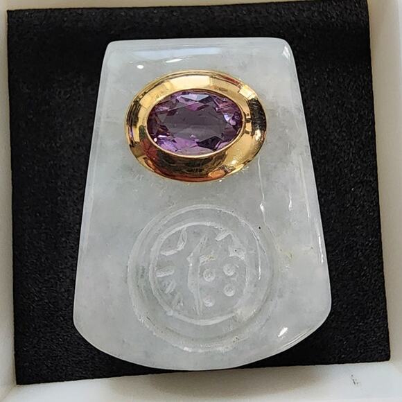 Vintage Amethyst Green Jadeite 14K Yellow Gold Necklace Slide Pendant Enhancer - Picture 4 of 9